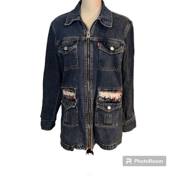 Levi’s Handmade Upcycled Embellished Distressed Colorful Denim Boho Jacket Sz-L - Picture 1 of 11